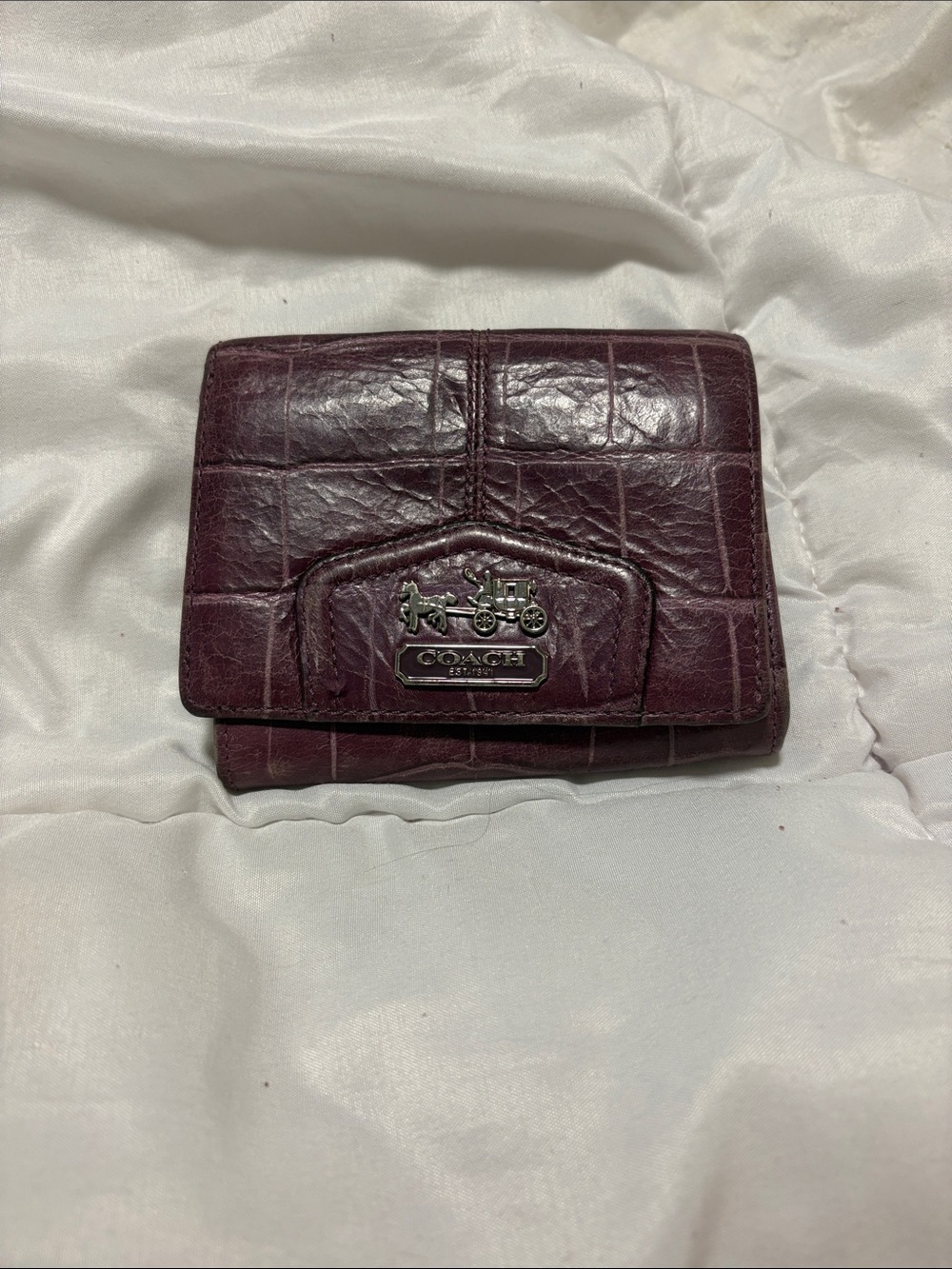 Coach Croc-Embossed Trifold Wallet in Deep Wine